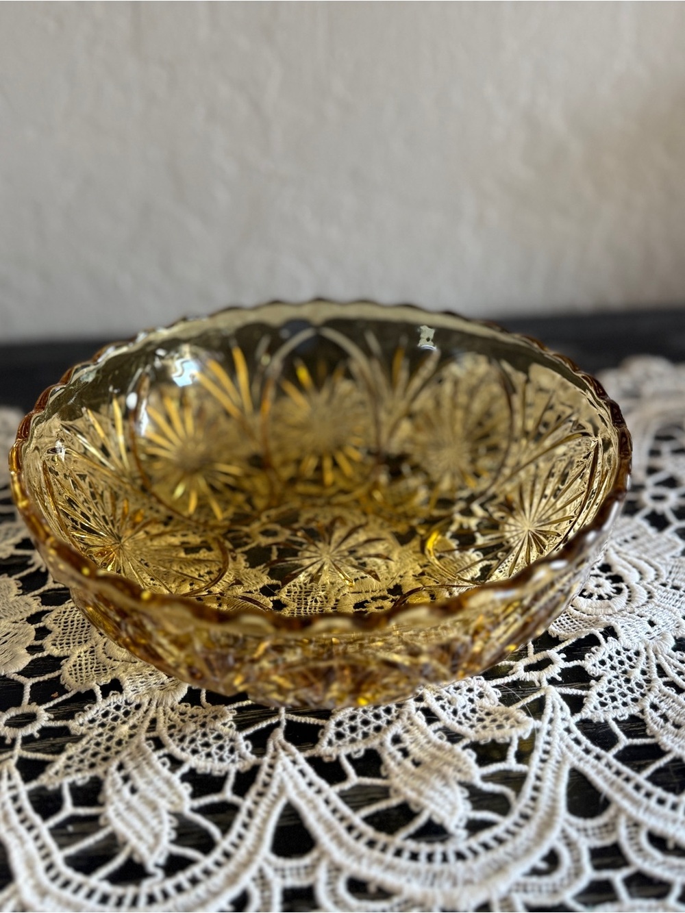 Amber Cut Glass Serving Bowl - Intricate Starburst Pattern